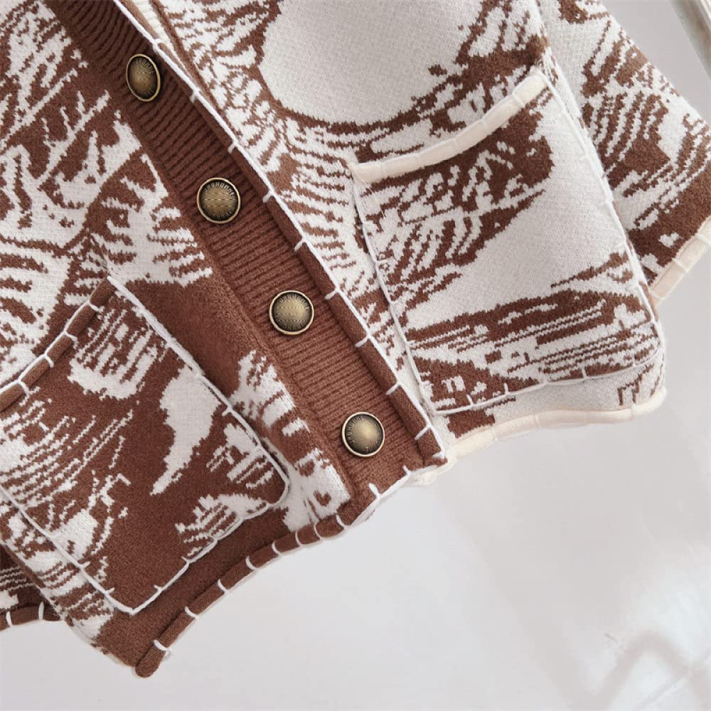 Chaqueta Mujer,Suéteres De Mujer Cárdigans De Punto Abrigo Moda Chic Marrón Graffiti Jacquard Botón De Cárdigan Con Cuello En V Manga Larga Cárdigan Con Frente Abierto Chaqueta De Abrigo De Pu