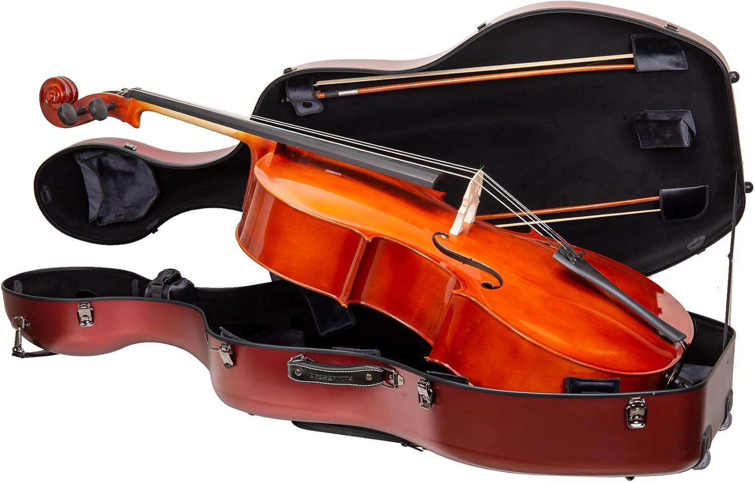 Crossrock Poly Carbon Cello Case for 4/4 Full Size | Red Matte Finish, Black Velvet Interior, Wheels, Music Pouch – Lightweight Protection Series
