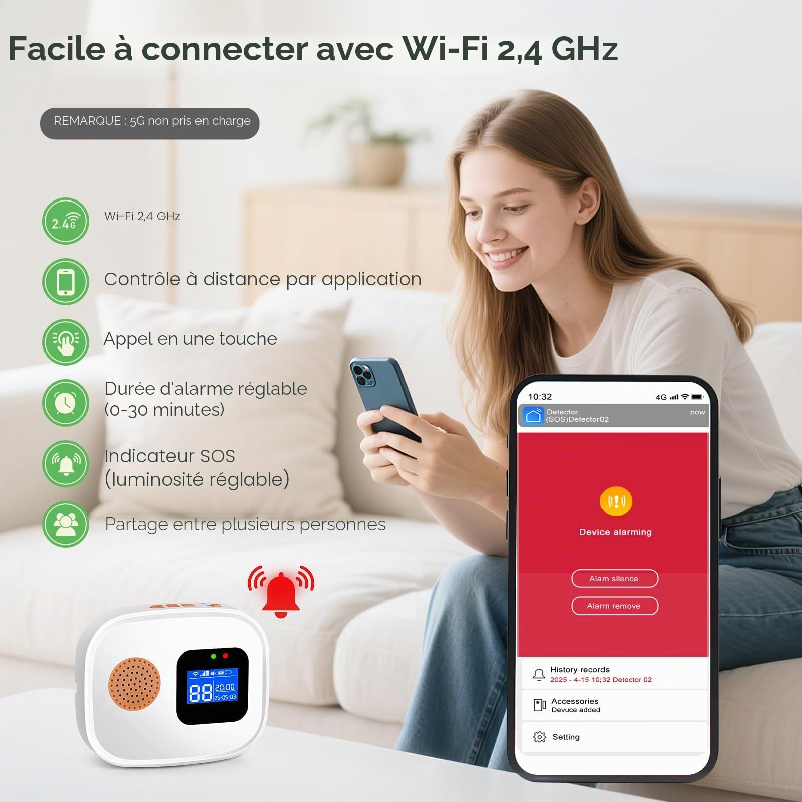 Bouton d'urgence pour personnes âgées, système d'alerte de sonnette d'urgence WiFi intelligent connecté au téléphone, système d'alarme domestique avec bracelet d'urgence pour patients