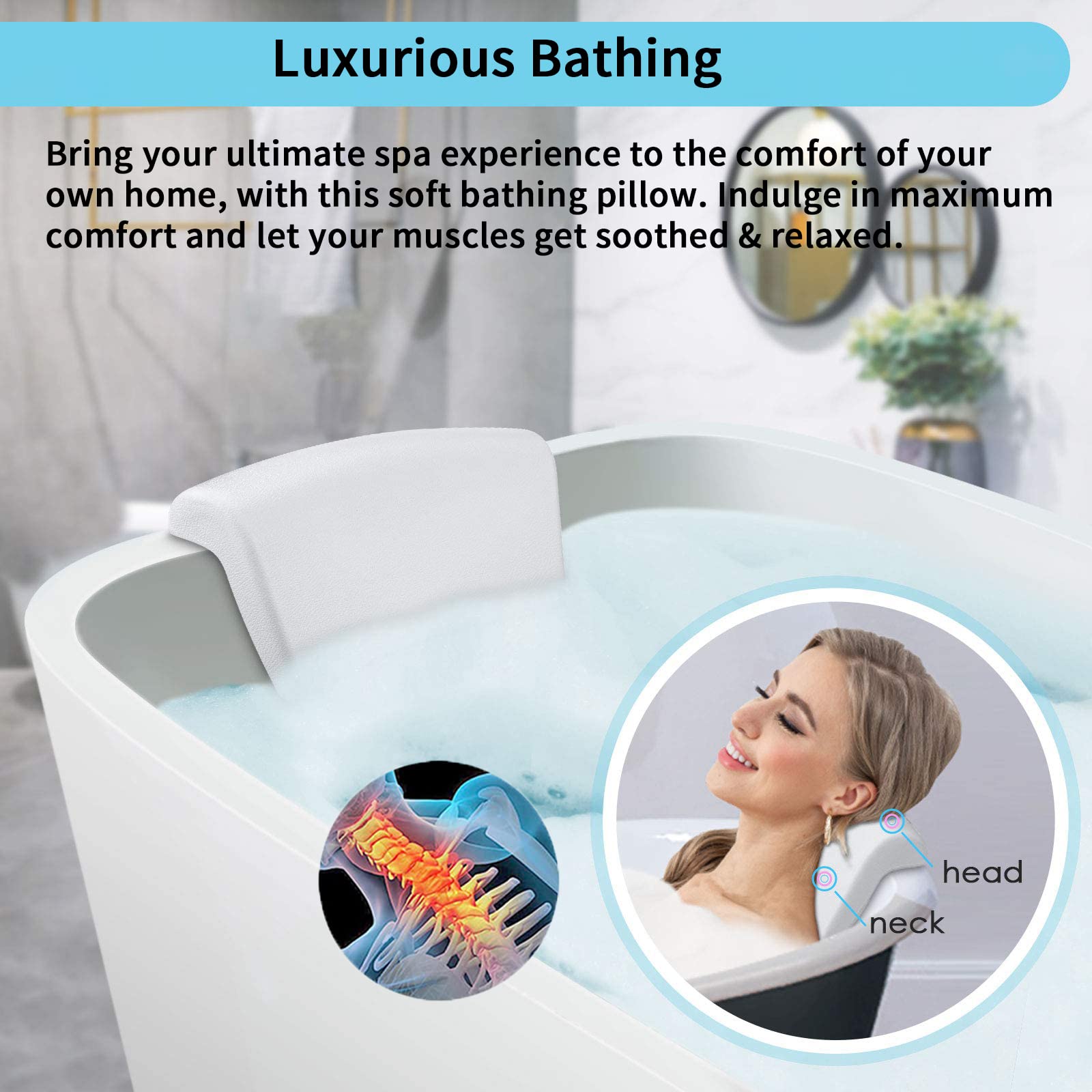 Lonkenn Cuscino da Bagno, Spa Bath Pillow, Cuscino di Vasca da Bagno con Antiscivolo Ventose, Impermeabile Cuscino per Collo Testa Vasca da Bagno,Poggiatesta Ergonomico per Tutti i Tipi di Vasca e Spa