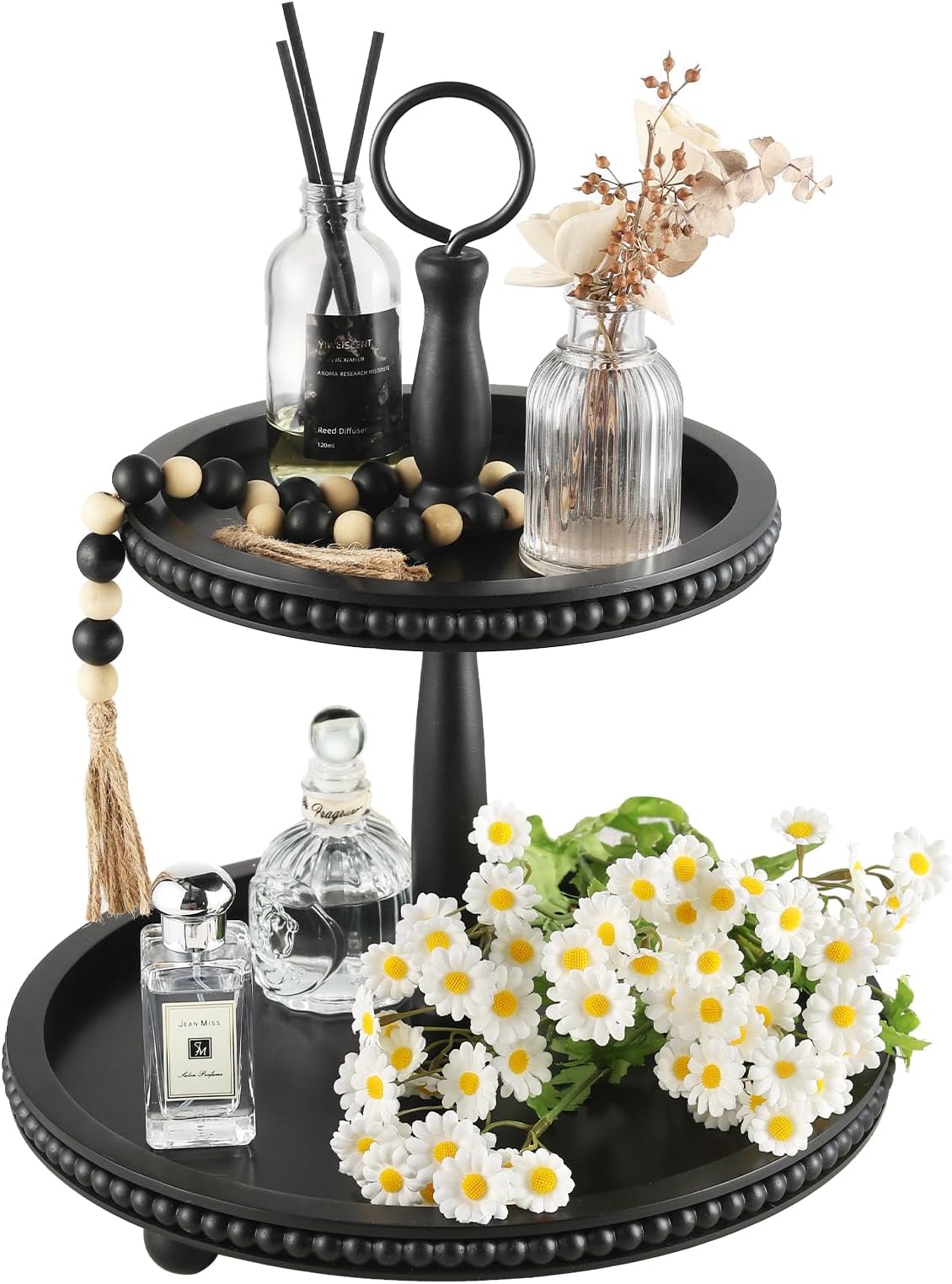 Beaded Tiered Tray Stand, Rustic Wooden 2 Tier Decorative Tray with Bead Garland, Farmhouse Round Wood Serving Tray Counter Centerpiece for Coffee Bar Home Decor Holiday Housewarming Gifts (Black)