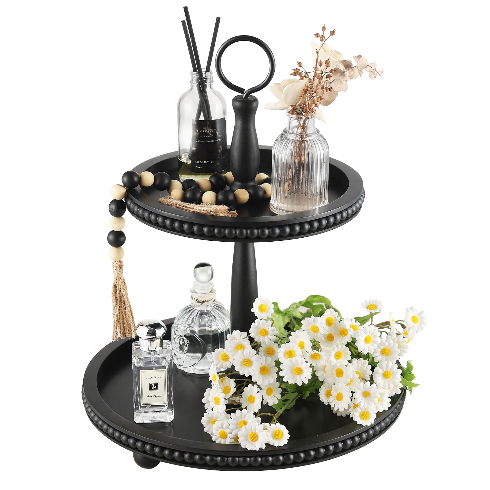 Beaded Tiered Tray Stand, Rustic Wooden 2 Tier Decorative Tray with Bead Garland, Farmhouse Round Wood Serving Tray Counter Centerpiece for Coffee Bar Home Decor Holiday Housewarming Gifts (Black)