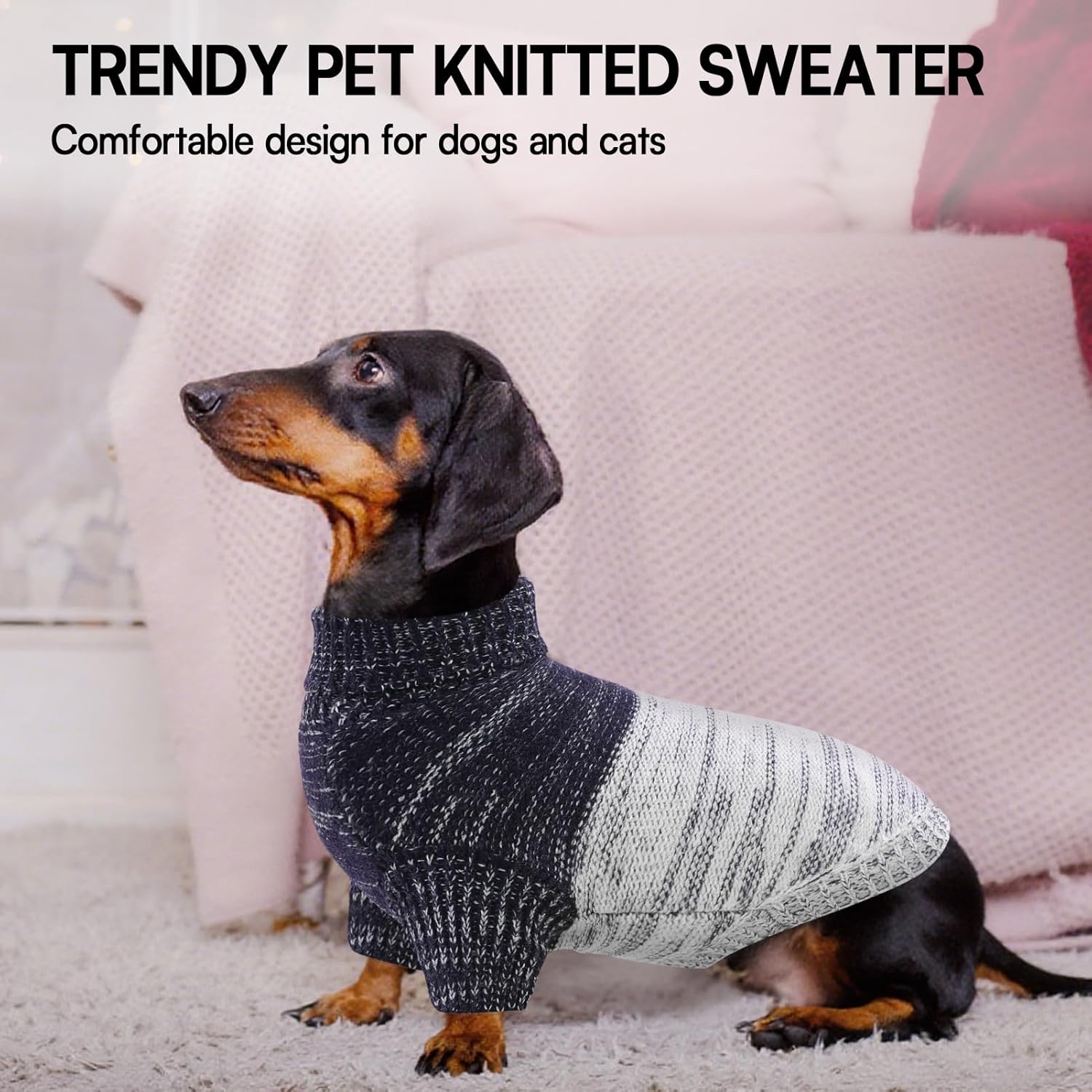 Queenmore Small Dog Sweater, Knitted Pullover Puppy Sweater,Cold Winter Pet Sweaters for Dog Girls Boys, Soft Turtleneck Knit Sweater with Leash Hole,Long Sleeves Christmas DogSweater(Blue,XS)