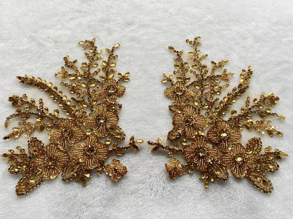 Pure Handmade Bodice lace Rhinestones Applique Sewing Stones Beads Crystal Trimming Patches Accessories for Weding Dress Decorations 1 Pair/Set 7.4X13.7inches (Champagne)