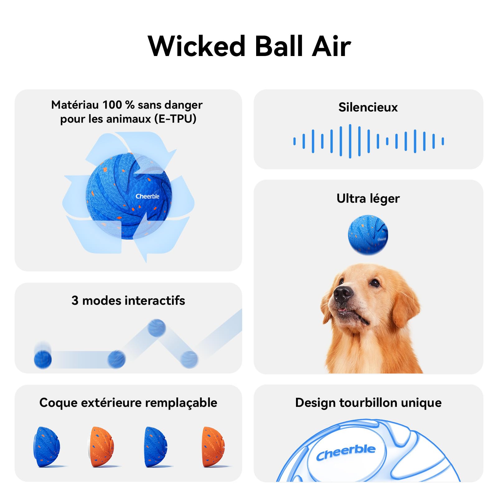 Cheerble Wicked Ball Air Self Moving Dog Balle Interactive pour Chien avec 3 Modes interactifs Jouet Intelligent pour Chien Cadeau d'anniversaire avec lumières LED (Bleu)