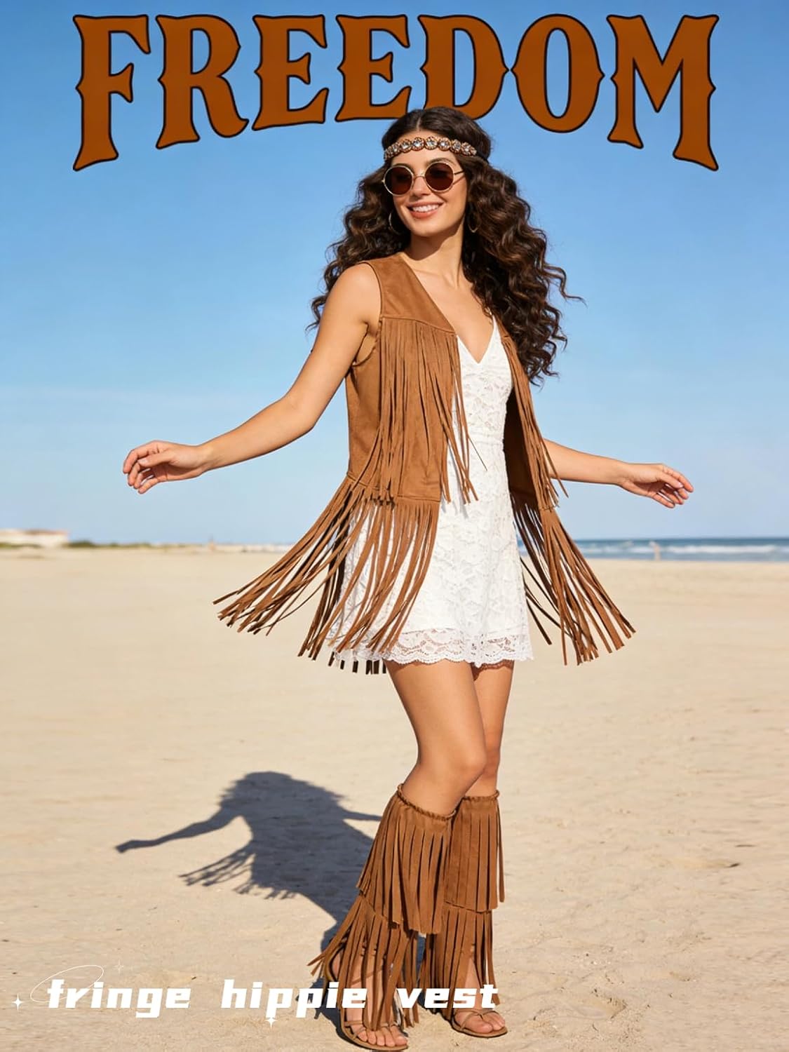 verceco hippie costume for women 60s 70s retro disco outfit with fringe vest adult hippie accessories and boot covers 5pcs brown medium