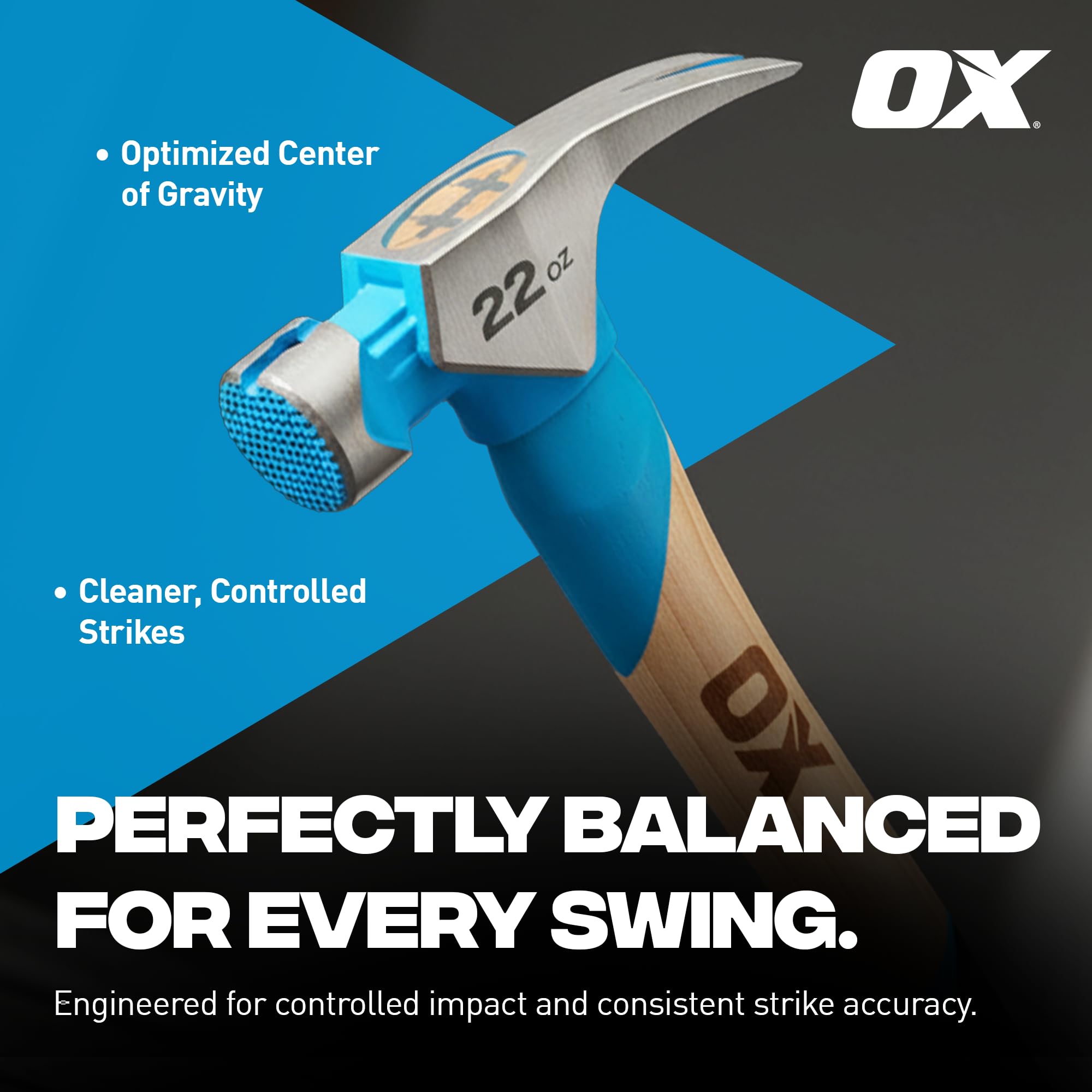 OX Tools Pro - Martello da falegname con testa zigrinata, manico dritto in noce americano, impugnatura in TPR e avviatore magnetico per chiodi