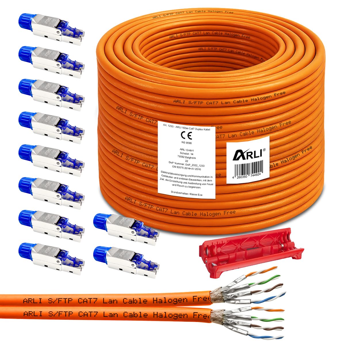ARLI Cavo di rete CAT 7 da 100 m duplex + 10 connettori di rete RJ45 CAT8.1 senza attrezzi, senza attrezzi, cavo LAN, senza alogeno, cavo di installazione cat7 Twin cavo di rete schermato