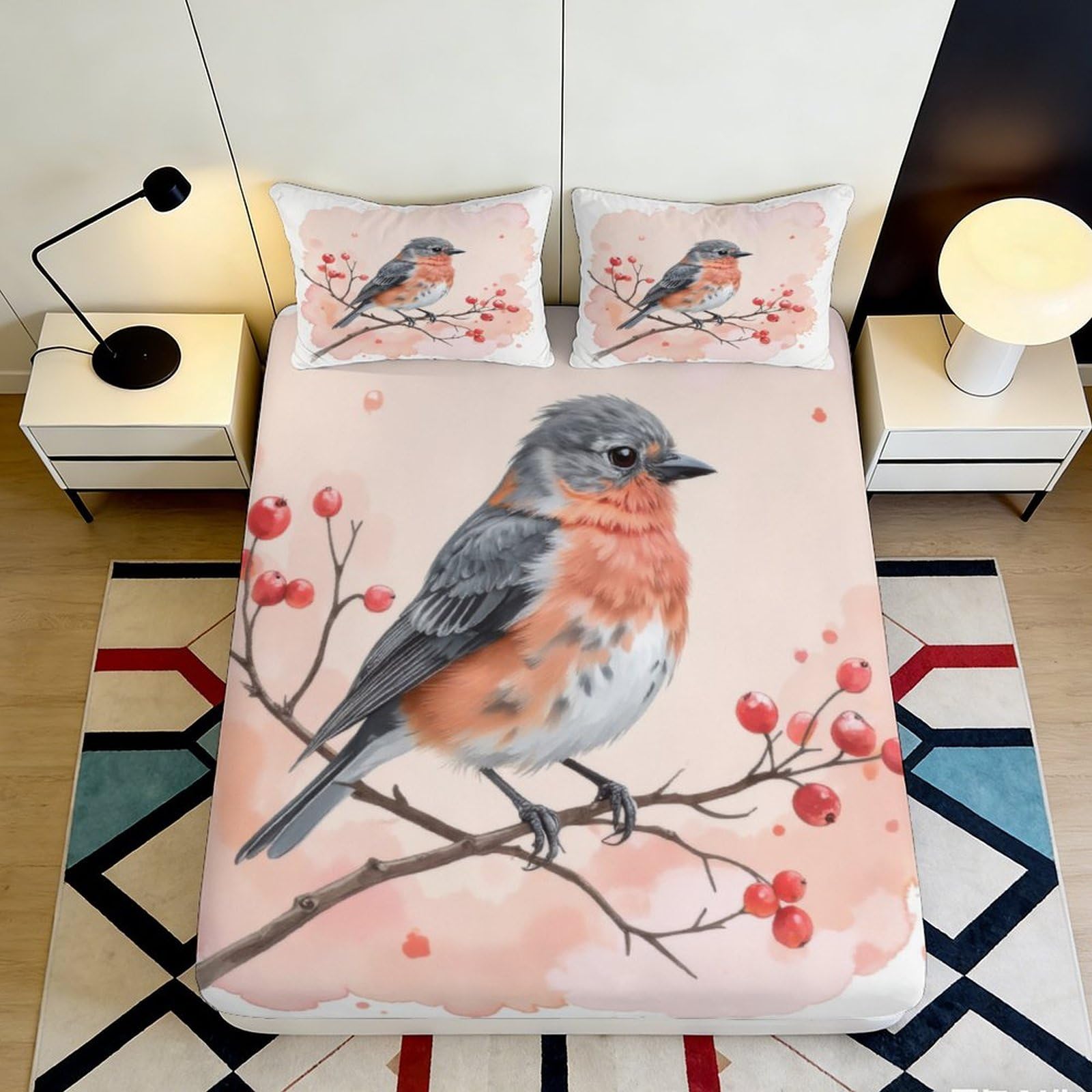 3D Printed Robin Bird Fitted Sheet Microfiber Soft Pink Blossom Mattress Cover for Bedroom Guest Dorm Decor 90x200x25cm