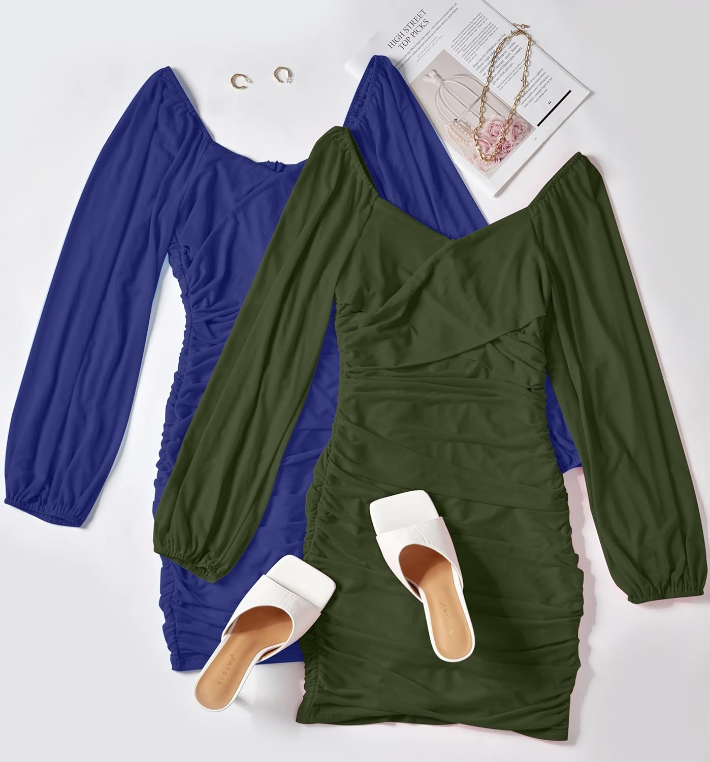 ZESICA Women's Sexy V Neck Ruched Bodycon Mini Dress Puff Long Sleeve Cocktail Wedding Party Short Dresses - Image 9