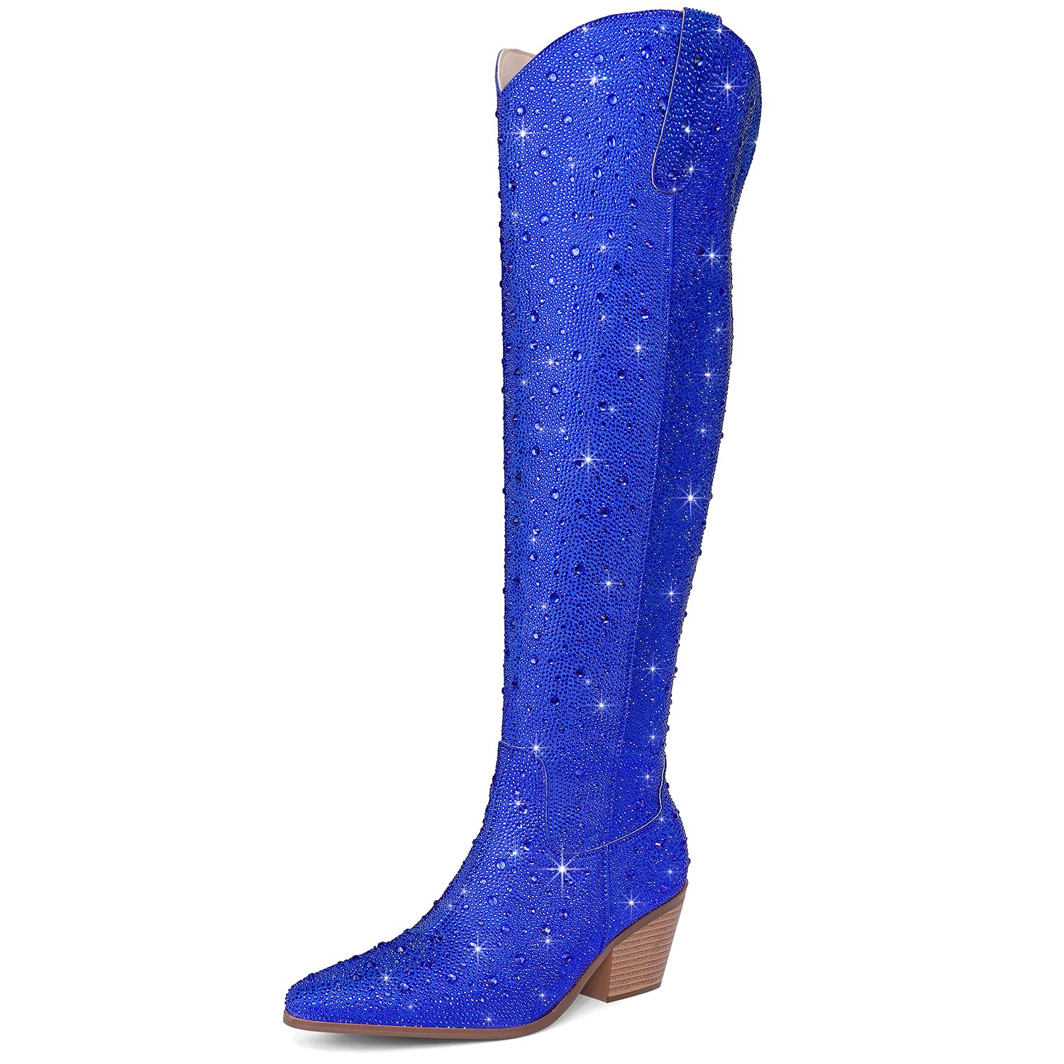 Women Rhinestone Over the Knee Cowboy Boots, Sparkly Bling Cowgirl Boots Western Thigh High Boots Pull-On Side Zippers Chunky Heel Pointed Toe For Concerts, Music Festivals, Parties &amp; Night Out