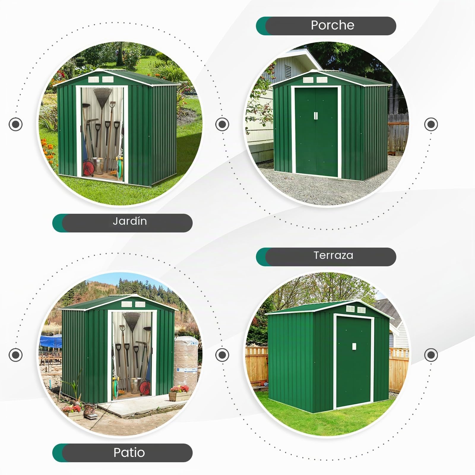 GOPLUS 4.39 m³ Cobertizo de Jardín Estanco con Puertas y Ventana, Fabricado en Metal Galvanizado,Almacenamiento para Bicicleta, Herramientas de Jardinería, 213 x 127 x 185 cm