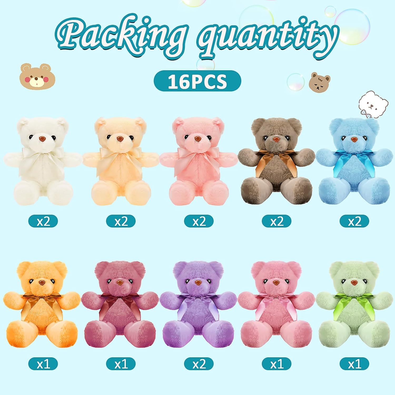 Oso de peluche pequeño de 30 cm, 16 unidades, oso de peluche con pajarita, regalo de San Valentín, regalo de cumpleaños, baby shower (10 colores)