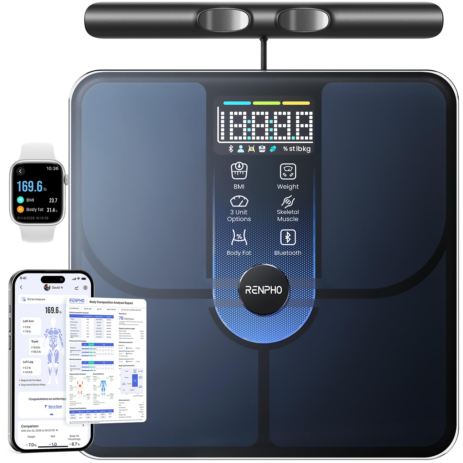 RENPHO Smart Scale, Body Composition Scale with Handle, 8-Electrode Bathroom Scale for Body Weight, BMI, Muscle Mass, Body Fat Measurement Device with Bluetooth, Morphoscan Lite-image-19