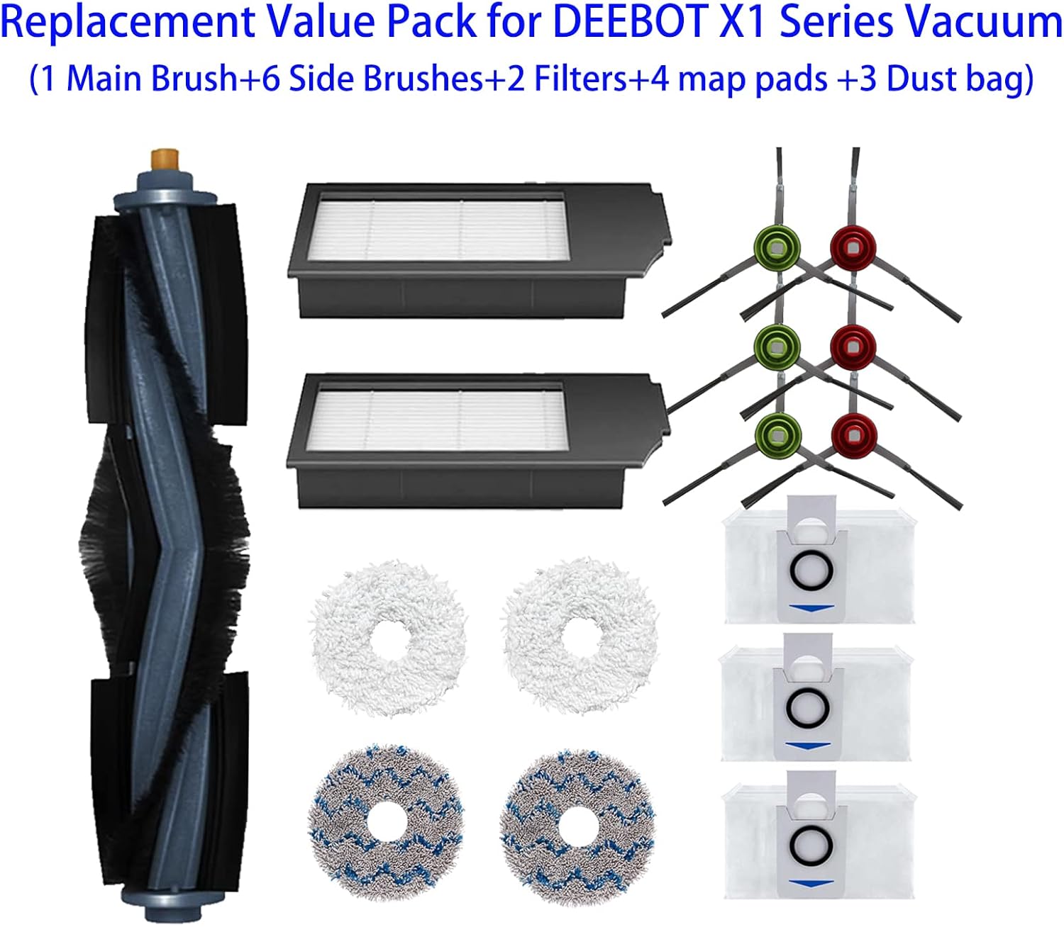 DEEBOT X1 Series Replacement Accessories Set Fit for ECOVACS X1 Omni / X1 TURBO Robot Vacuum Include 1 Main Brush 6 Side Brushes 2 Filter 4 Mop Pads 3 Dust bag Parts