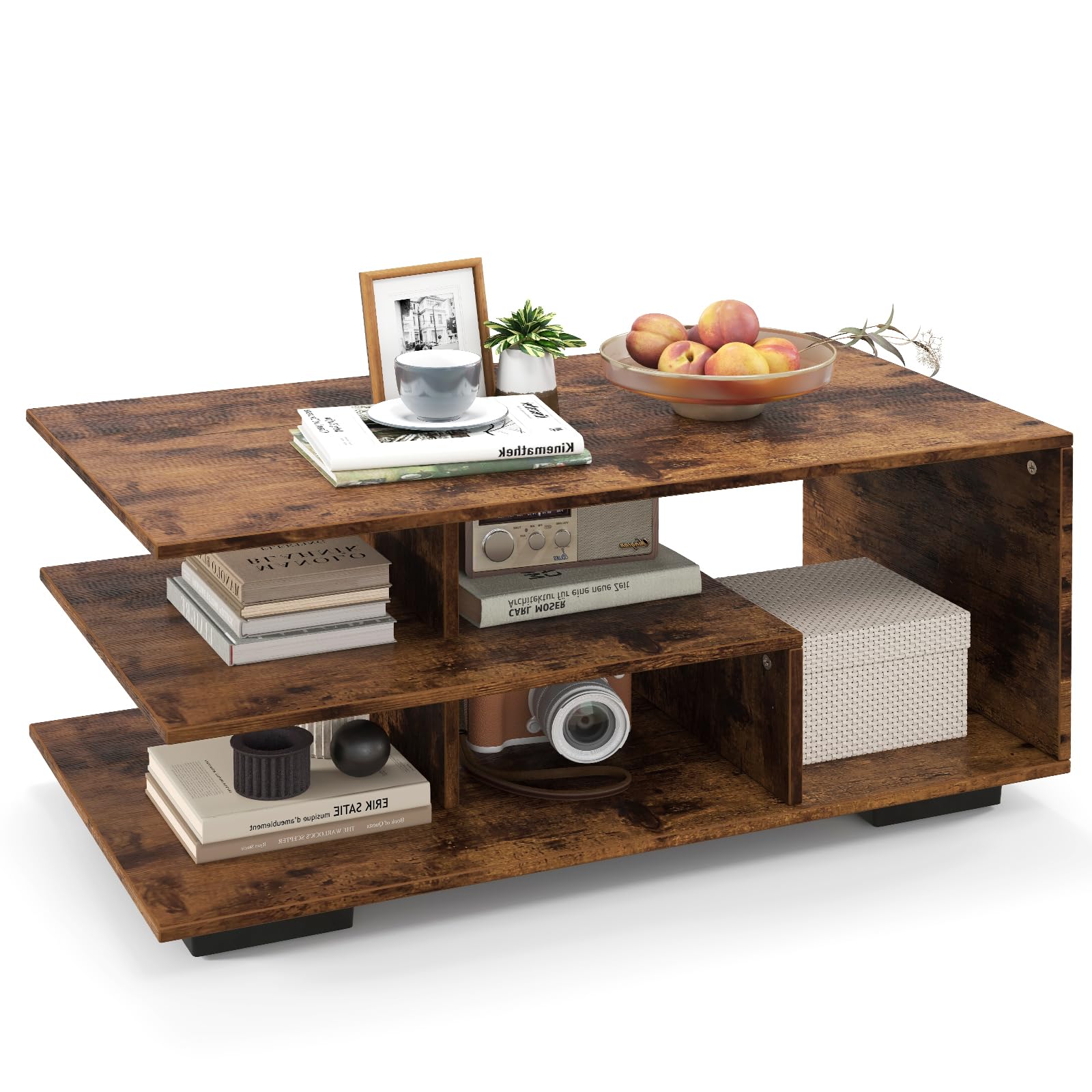 LIFEZEAL Mesa Centro de salón, Mesa Baja de sofá con 3 estantes, con 5 Compartimentos, Mesa de café de 3 Niveles para salón, Oficina, 90x50x42cm (Marrón)