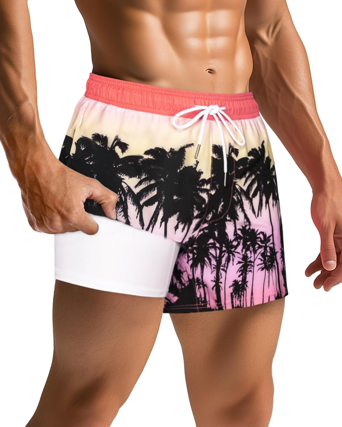 SURF CUZ Mens Swim Trunks with Compression Liner Quick Dry Swim Shorts Swimming Trunks 2 in 1 Bathing Suit Zipper Pockets Small Pink Palm Sunset