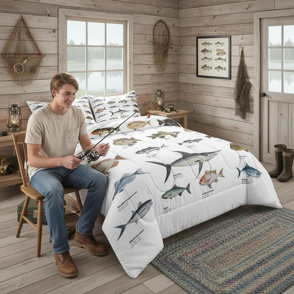 Erosebridal Bass Fish Full Comforter Set for Boys Girls Farmhouse Fishing and Hunting Theme Bedding Set, Big Pike Fish Pattern Duvet Insert Fishing Lures Hook Quilt Bed Set Rustic Bedroom Decor image 4