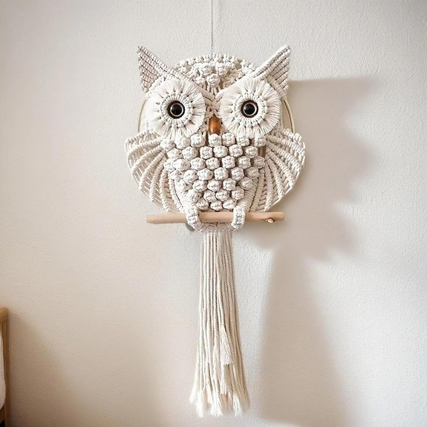 Bohemian Owl Macramé Wall Hanging - 12 x 23 Inch - Handcrafted Boho Home Décor with Natural Elements - Boho Chic Accent for Home, Office, or Living Room (Off-White)