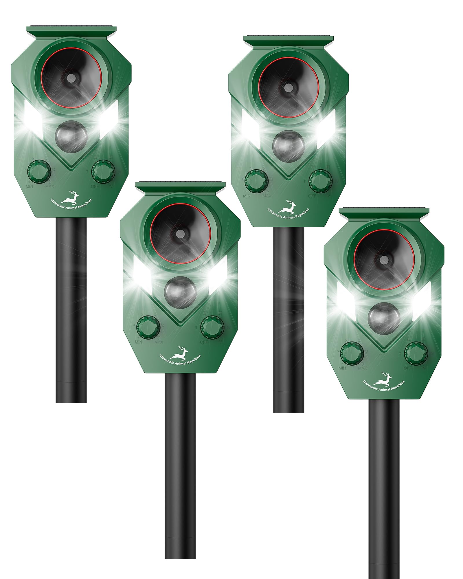 Photo 1 of Solar Deer Repellent Devices Outdoor - Ultrasonic Animal Repellent with Motion Sensor & Strobe Lights, 4 Pack Waterproof Cat Repellent Outdoor, Repels Raccoon, Coyote for Garden & Lawn