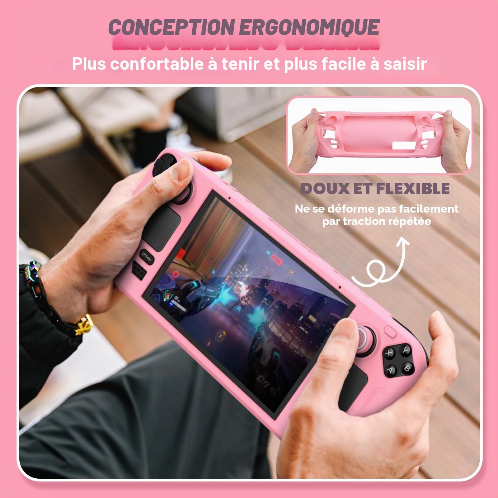 IINE Étui de Protection en Silicone 9 en 1 pour Bureau à Vapeur, Coque de Protection en Silicone avec Housse Anti-Rayures et Ensemble d'accessoires Steam Deck (Rose)
