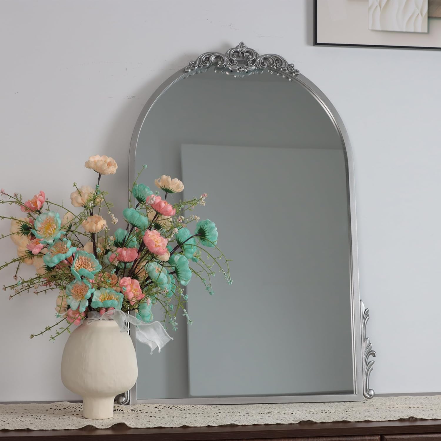 26''x20'' Antique Silver Arched Wall Mirror with Metal Flower Carving Frame, Small Vintage Retro Baroque Mirror Ornate, Vanity Mirror for Bathroom, Fireplace, Entryway, Living Room