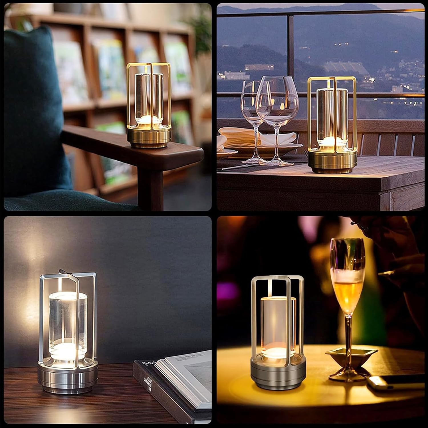 Cordless Table Lamp Rechargeable Portable Metal Touch Small Desk Lamp,Indoor/Outdoor Battery Operated LED Night Light,3Color Stepless Dimming Crystal Lantern,for bedrooms,Bars,cafes,Camping,Silver