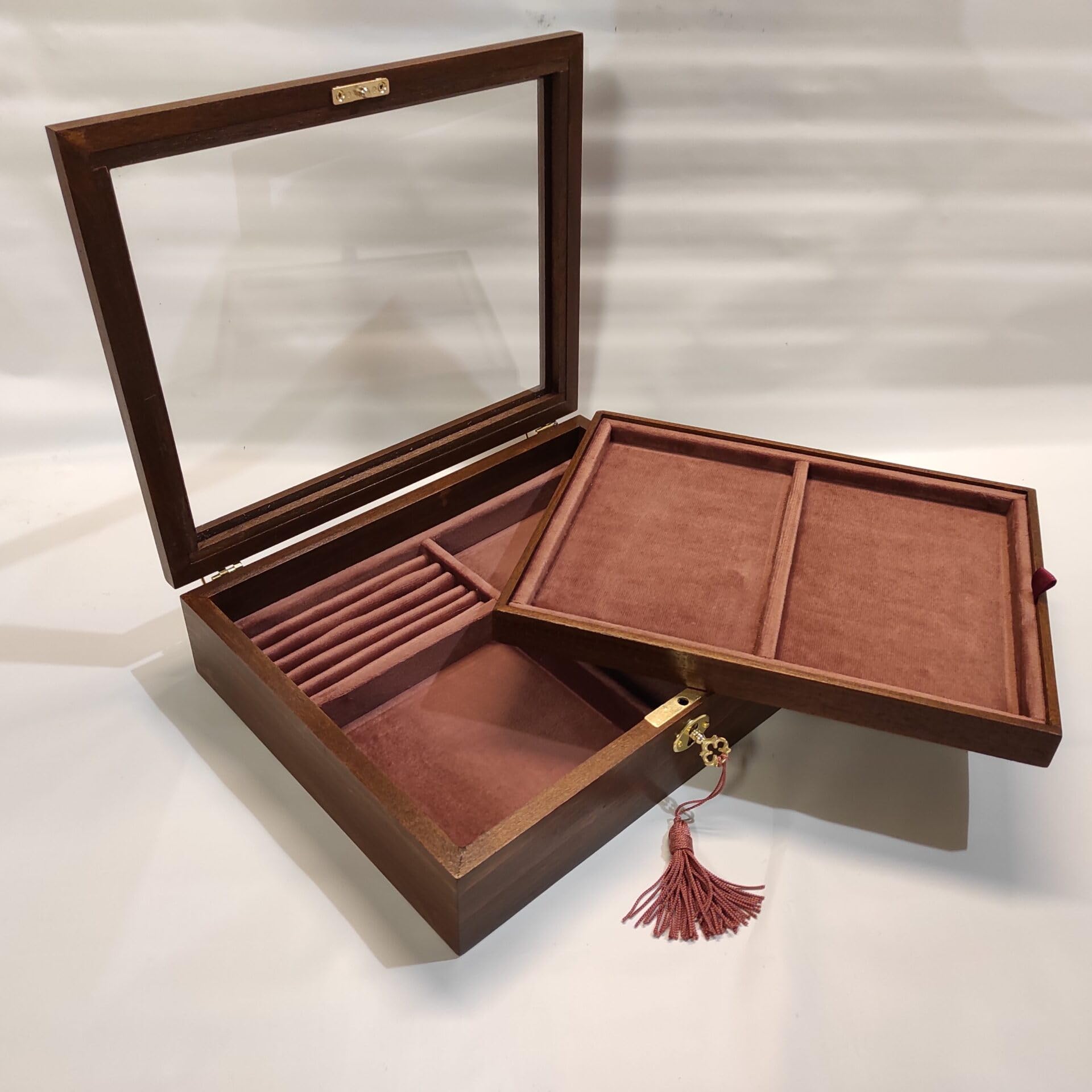 Joyero de madera con tapa de cristal, terciopelo interior, bandeja extraíble y portapendientes, personalizable con grabado, hecho a mano en Italia
