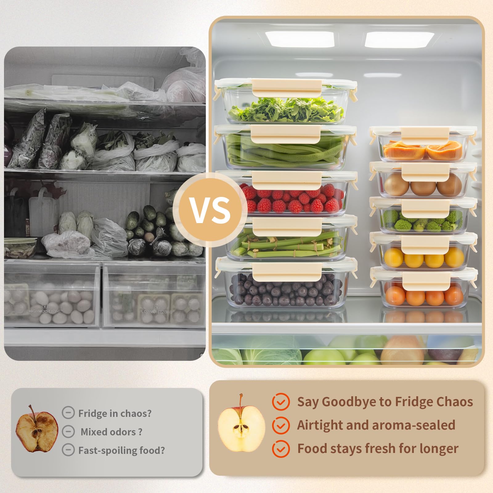 Confezione da 10 contenitori per alimenti in vetro con coperchi ermetici, contenitori per la preparazione dei pasti, set di contenitori con coperchio senza BPA, per alimenti, bento box, microonde