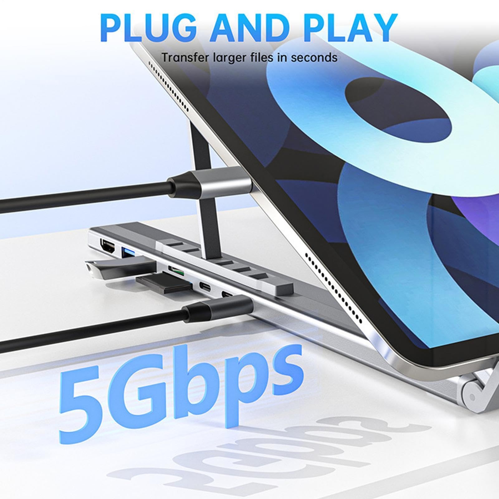 Supporto Portatile per Notebook con Docking Station Hub USB C 8 in 1 e | Trasferimento Dati a 5 Gbps, Supporto Pieghevole per Computer Portatile con Porte USB per Scrivania, Ufficio, Casa