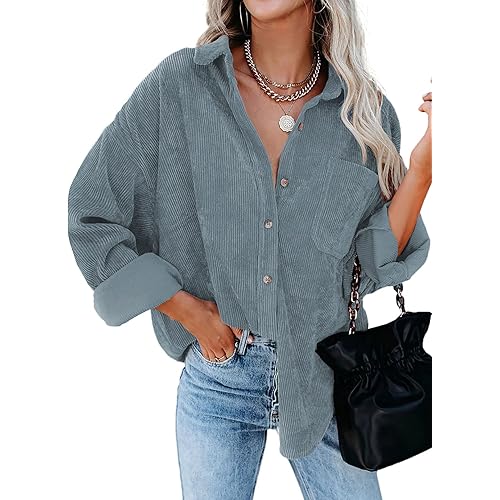 Dokotoo Womens Corduroy Button Down Shirts Boyfriend Long Sleeve Oversized Blouses Tops
