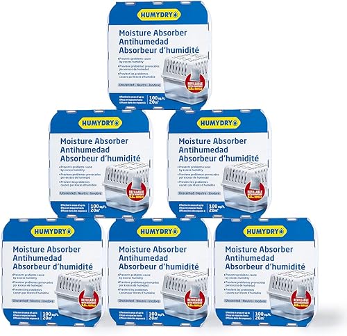 HUMYDRY® - Paquete de 6 dispositivos deshumidificadores con 6 recambios en la bolsa - 8.8 oz - Tamaño mediano - Sin fragancia - Ideal para espacios