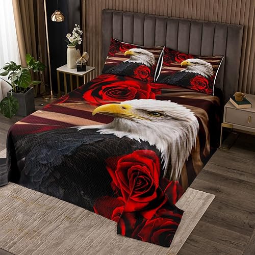 Miniatura 2 de Colcha estampada con águila calva, diseño de cultura americana con bandera estadounidense y rosas y patrones de animales salvajes, ropa de cama