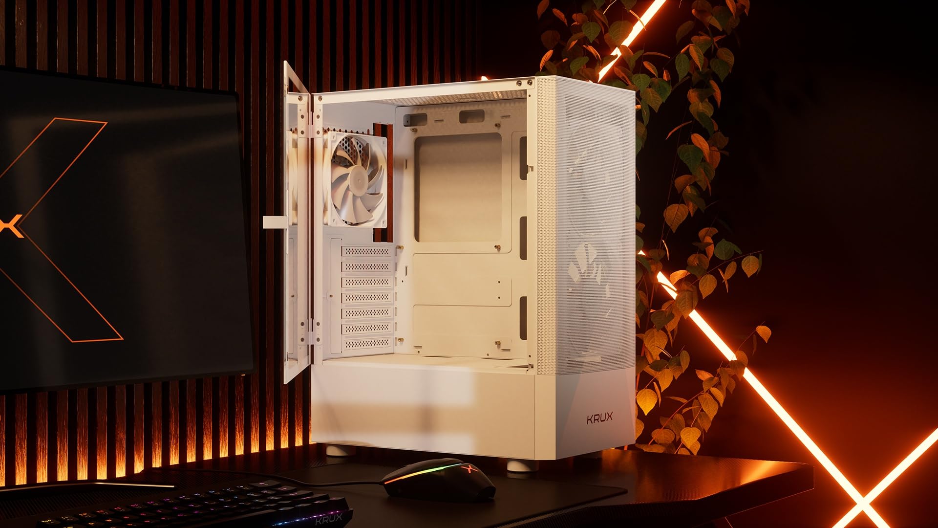KRUX Vako White RGB,ATX MATX Gaming PC Carcasa Blanca, Ventilador de 2 x 140 mm, Interior Espacioso, Carcasa de PC ATX, Buen Flujo de Aire, hasta 310 mm GPU, PC Case Blanco, KRXD005