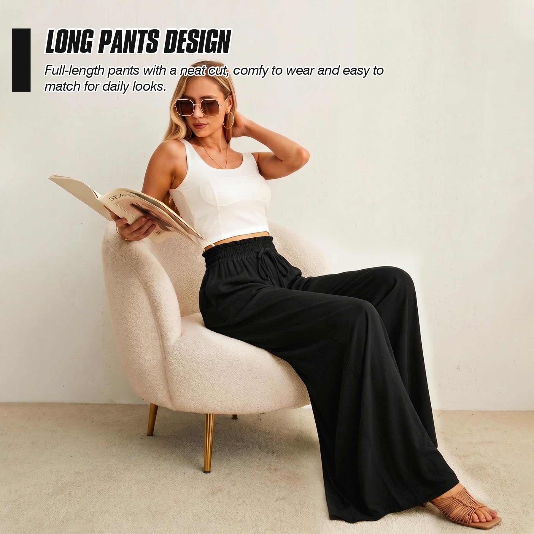 Spesh Pantalon à jambes larges pour femme, taille haute élastique, pantalon d'été ample pour femme, pantalon décontracté avec poches