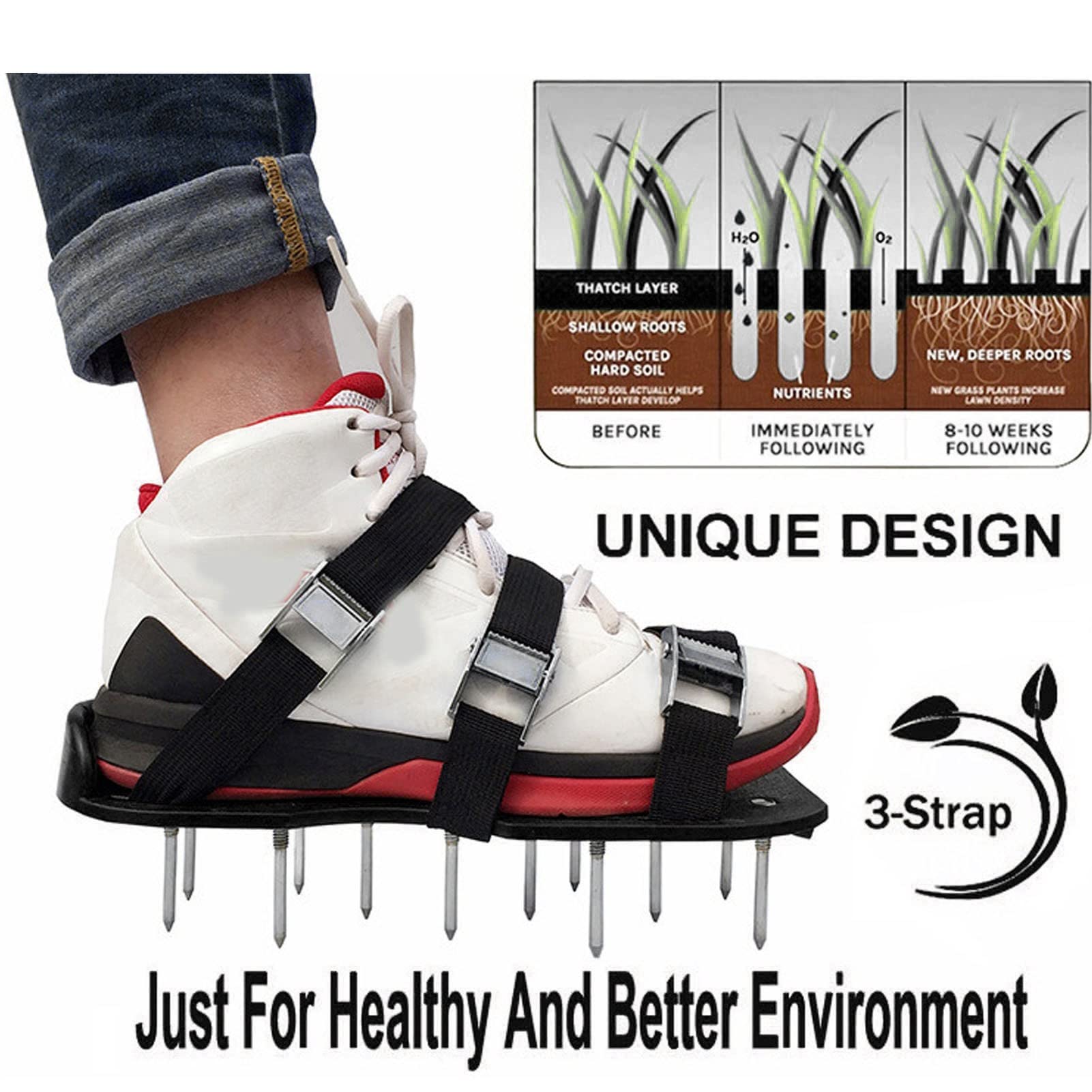 Zapatos escarificadores de césped manuales, aireador de césped para Caminar, Zapatos con Puntas de Hierba con Correa de Hebilla de Metal para jardinería (Black)
