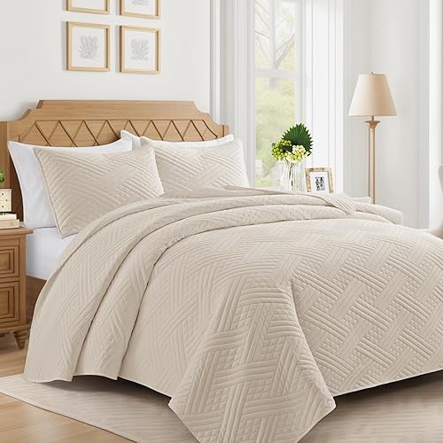 Lavsiry Edredón Beige Tamaño Twin con Patrón de Rayas, Colcha y Cubrecama de Microfibra Fina Ligera y Suave de Verano y Juego de Ropa de Cama para