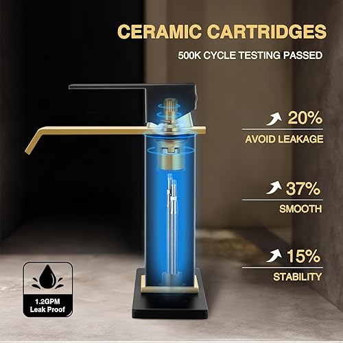 Miniatura 7 de Borlon Grifos de baño en cascada para 1 agujero o 3, grifo de lavabo de baño negro y dorado brillante con drenaje desplegable de metal, moderno