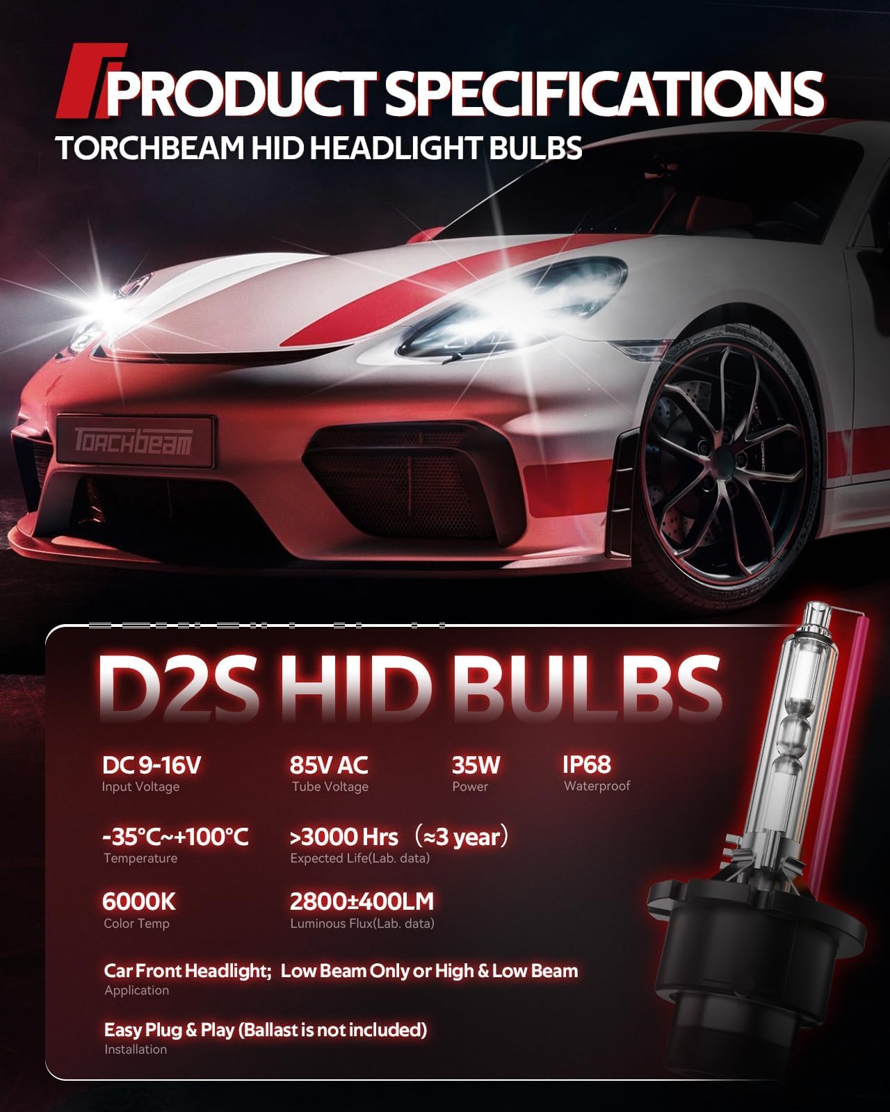 Torchbeam D2S Xenon LED 6000 K 35 W mit Sockel aus Metall