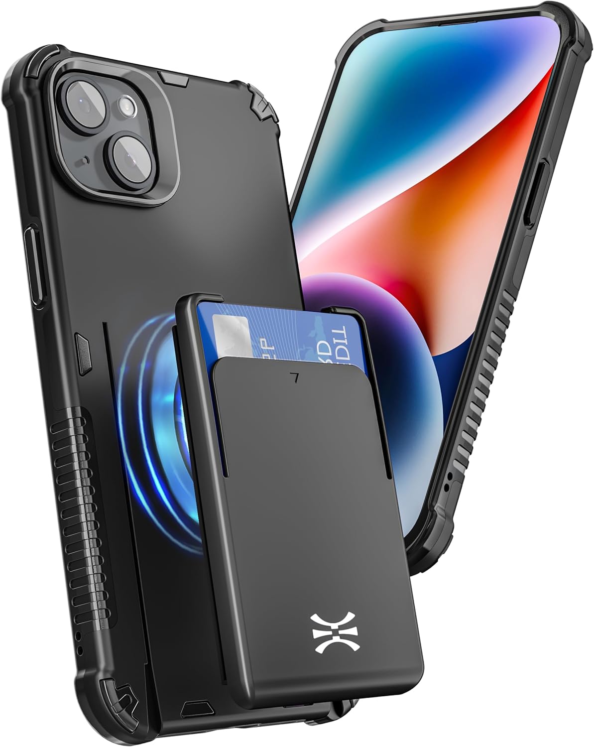 TORU MX PRO for iPhone 14 Plus Slim Hard Wallet Case | Dual Layer Protective Shockproof Cover with Built-in Magnets for MagSafe Compatible | Detachable Sliding Card Holder for 3 Cards - Purple