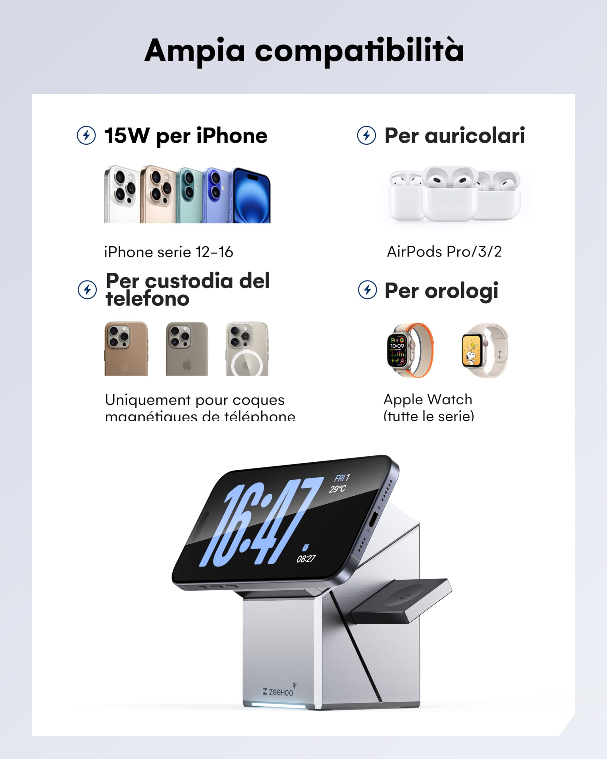 ZEEHOO Stazione di Ricarica 3 in 1 per Magsafe, CubeTrick-X Qi2 15 W Fast Wireless Charger Stand per Apple Watch, per iPhone 16, 15, 14, 13, 12 (caricatore USB-C da 30 W incluso)