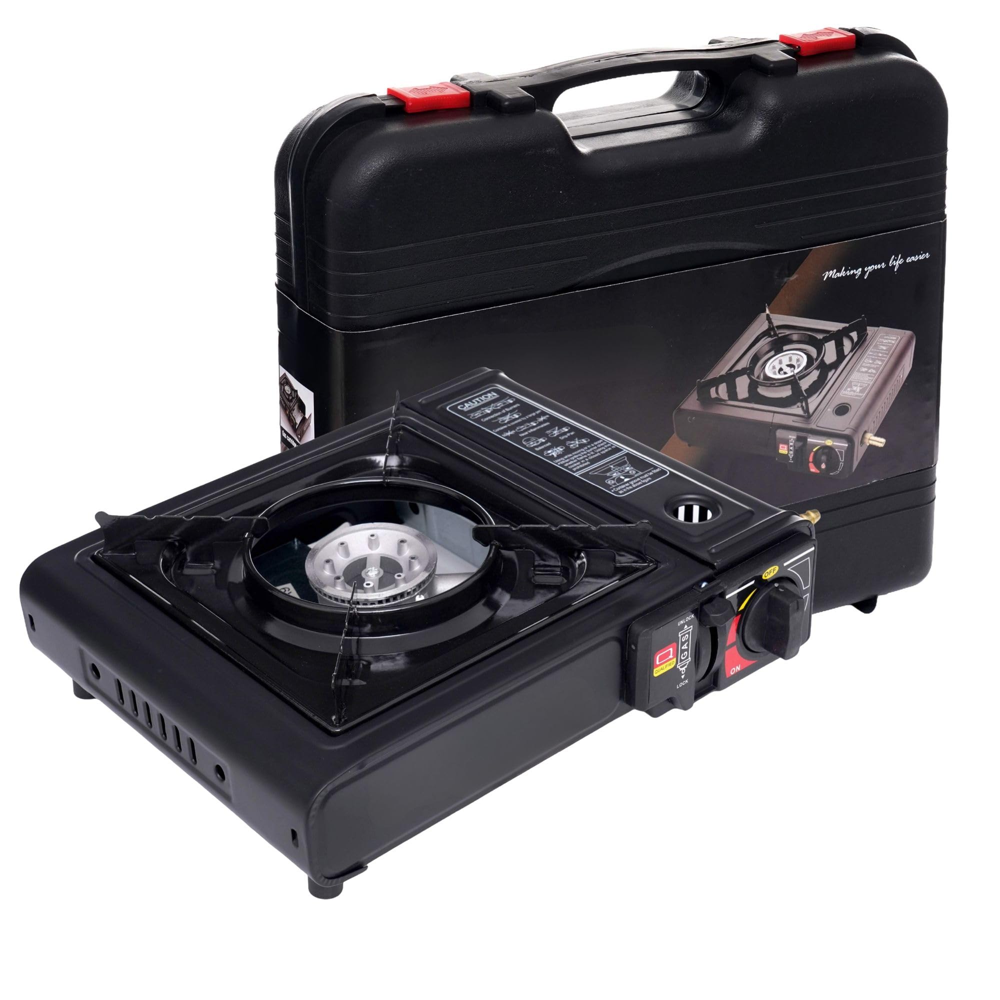 Fornello a Gas da Campeggio Portatile, Compatibile con Cartuccia Butano e Bombola GPL, Accensione Piezoelettrica, 2200W, Valigetta Inclusa, per Camper, Trekking, Picnic e Pesca