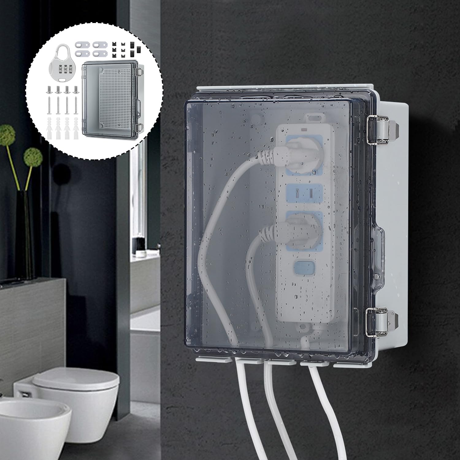 Caja Conexiones Estanca IP66, Caja Registro Electrico con Cerradura, PC Transparente Caja de Conexiones, para la Protección de Tomas de Corriente (220 × 170 × 110 mm)