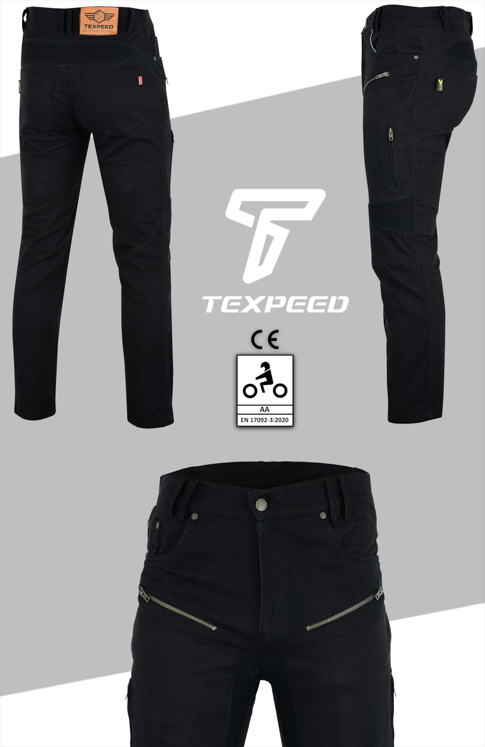 Men's Motorcycle Trousers - Motorcycle Trousers - Dupont™ Kevlar® Aramid Jeans 280gsm With CE Protection Armor (EN 1621-1) - Tapered Fit - Texpeed - Black - (3XL Waist/Short Leg