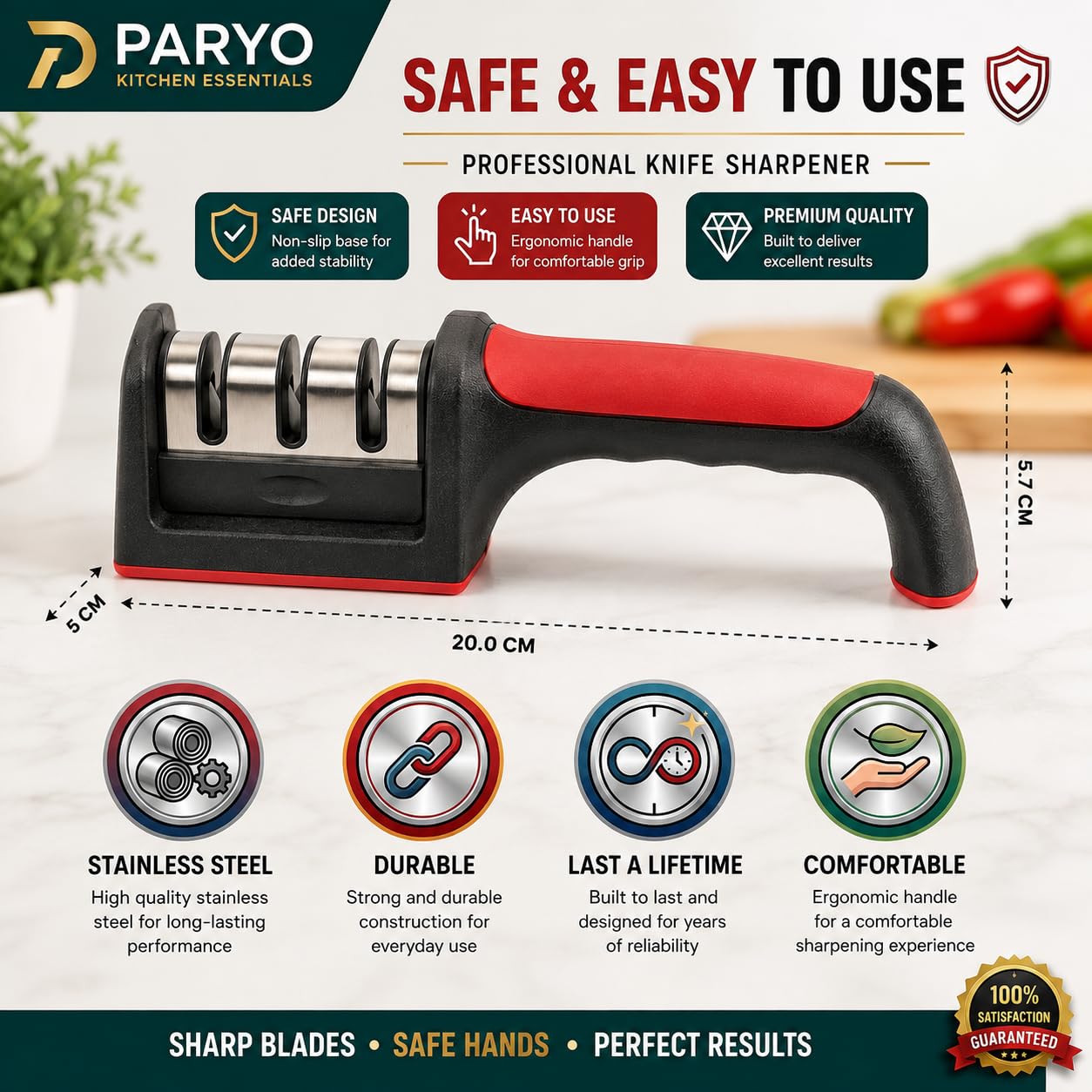 PARYO Kitchen Knife Set with Sharpener - 3 Piece -3