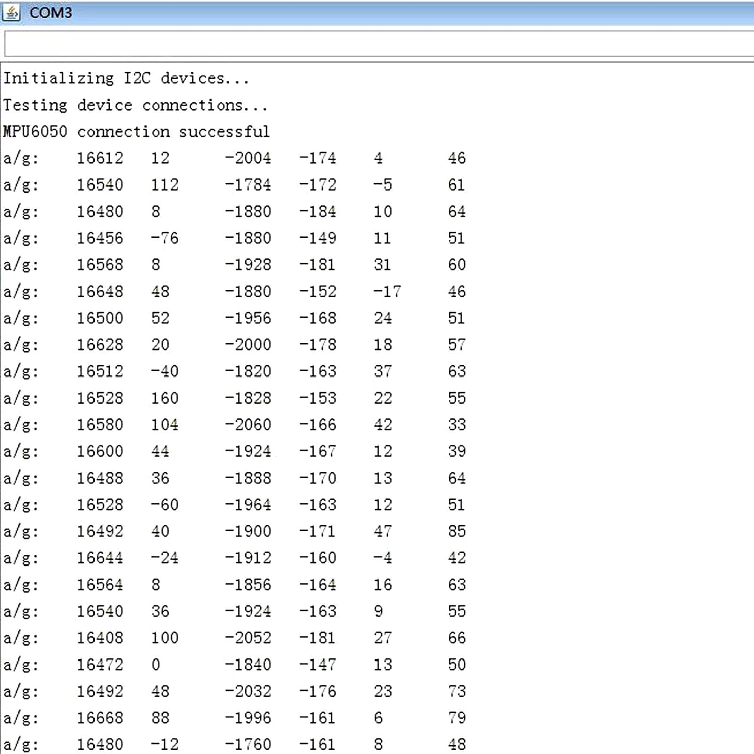 Screenshot of a serial monitor displaying numerical data, likely from the MPU-6050 module, showing values for acceleration and gyroscope readings over time.
