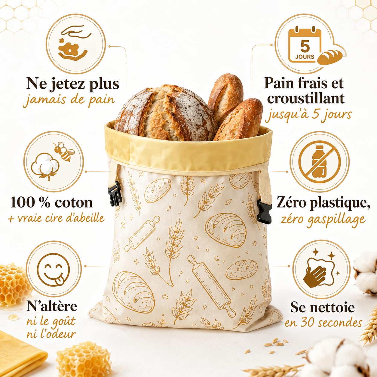 La Maison De Louise Sac À Pain En Cire D'Abeille Réutilisable Coton Naturel Conservation Fraîcheur 43x33cm (Formule 3,2PCS)