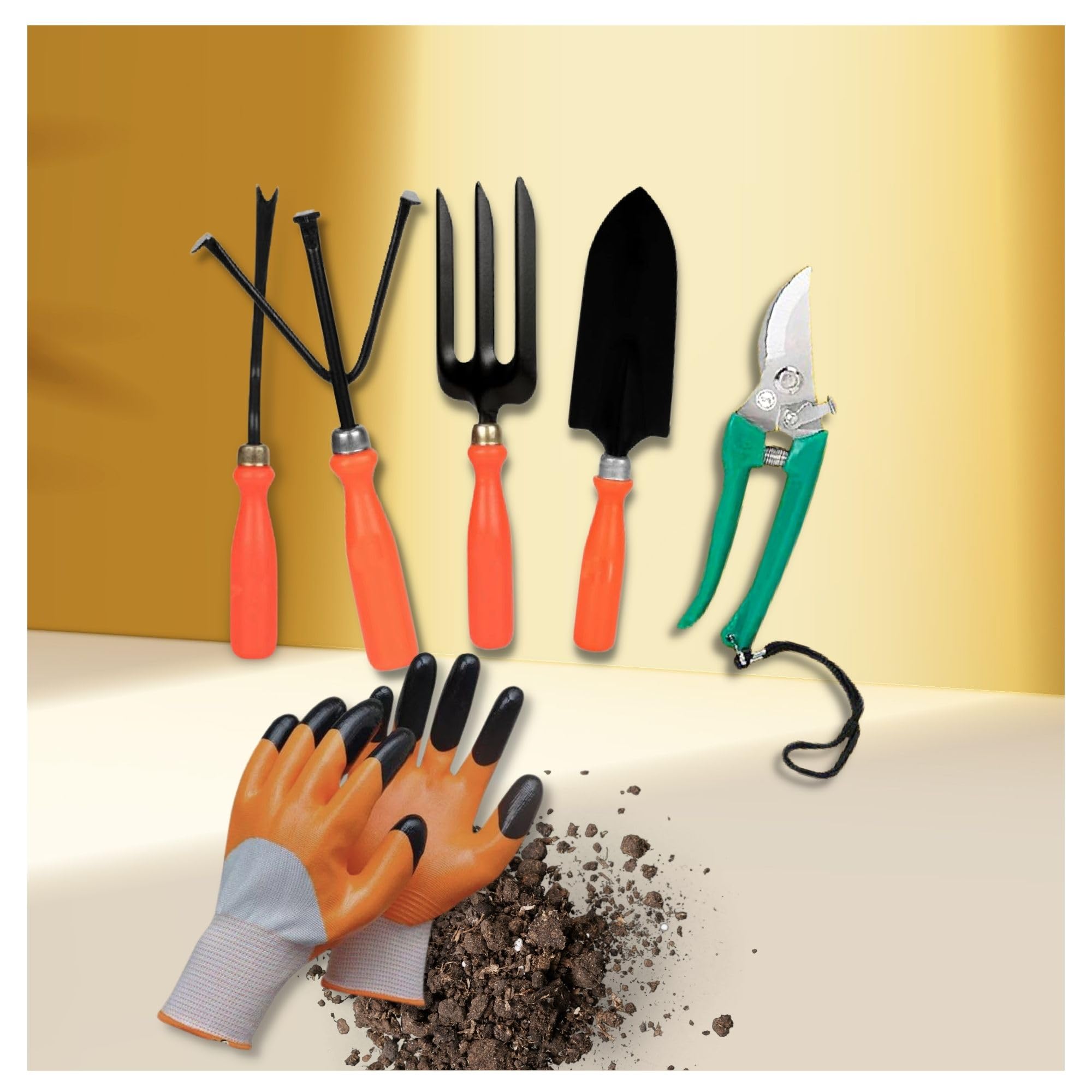 Bombay Greens 6 in 1 Garden Tools Set | Home Gardening Kit| Cultivator | Fork | Trowel | Weeder | Garden Gloves | Pruner Cutter Gardening Kit
