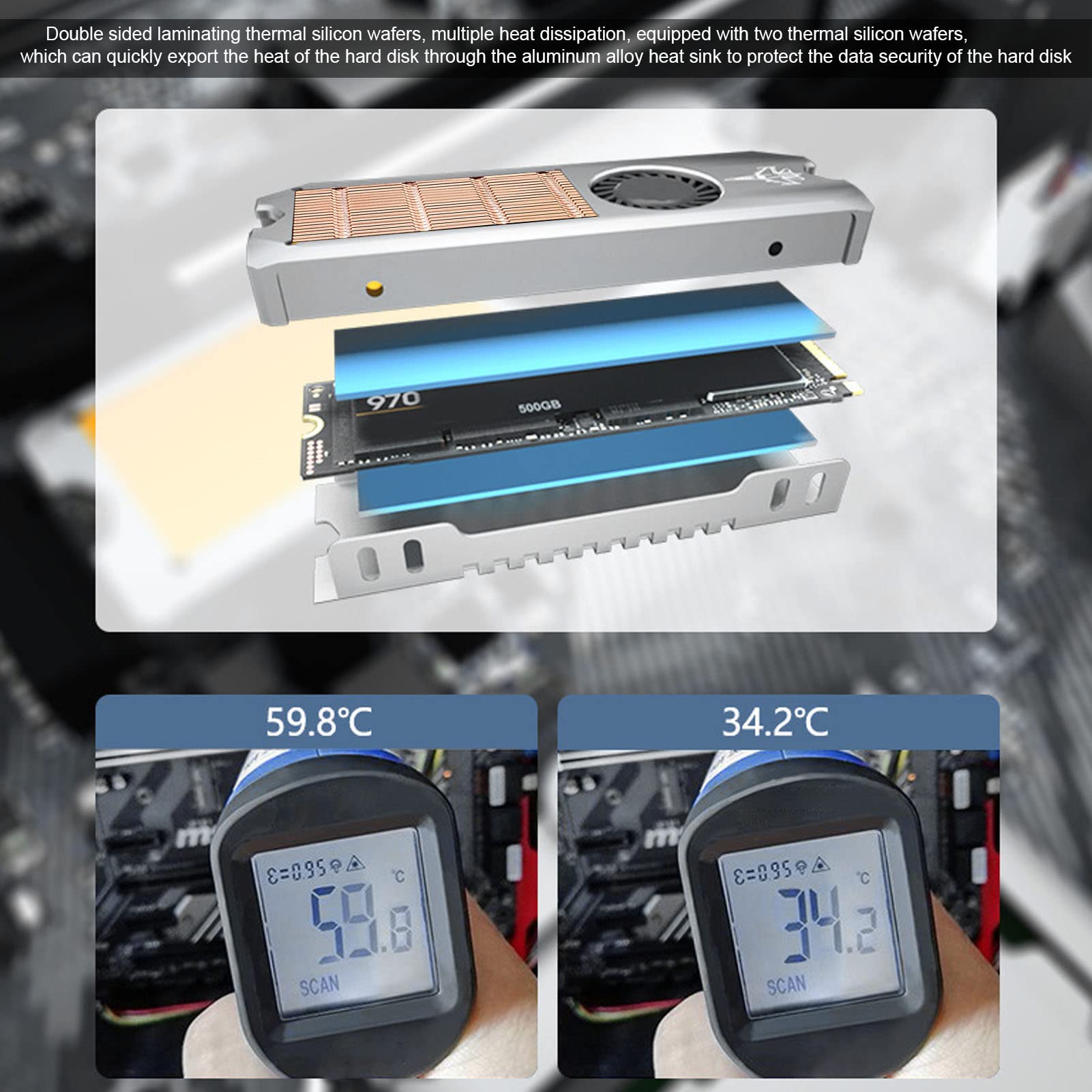 M.2 2280 SSD Dissipatore di calore PWM, ventola a vite senza fine a temperatura controllata, con chip termico in silicio, regolazione automatica 15 prese d'aria di scarico