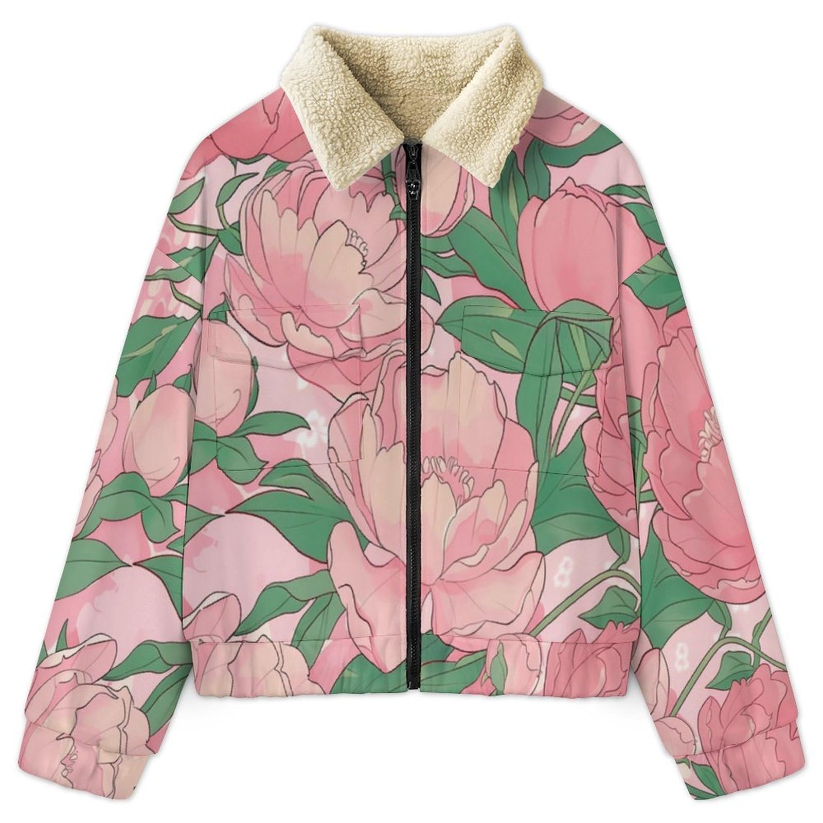 Donna Pile Stampa cartone animato Caldo con Cerniera, Giacca da Camera Invernale Corta Pile Giacche, Grazioso fiore peonia Cappotto In Peluche Sherpa Giubbotto Fleece Comoda